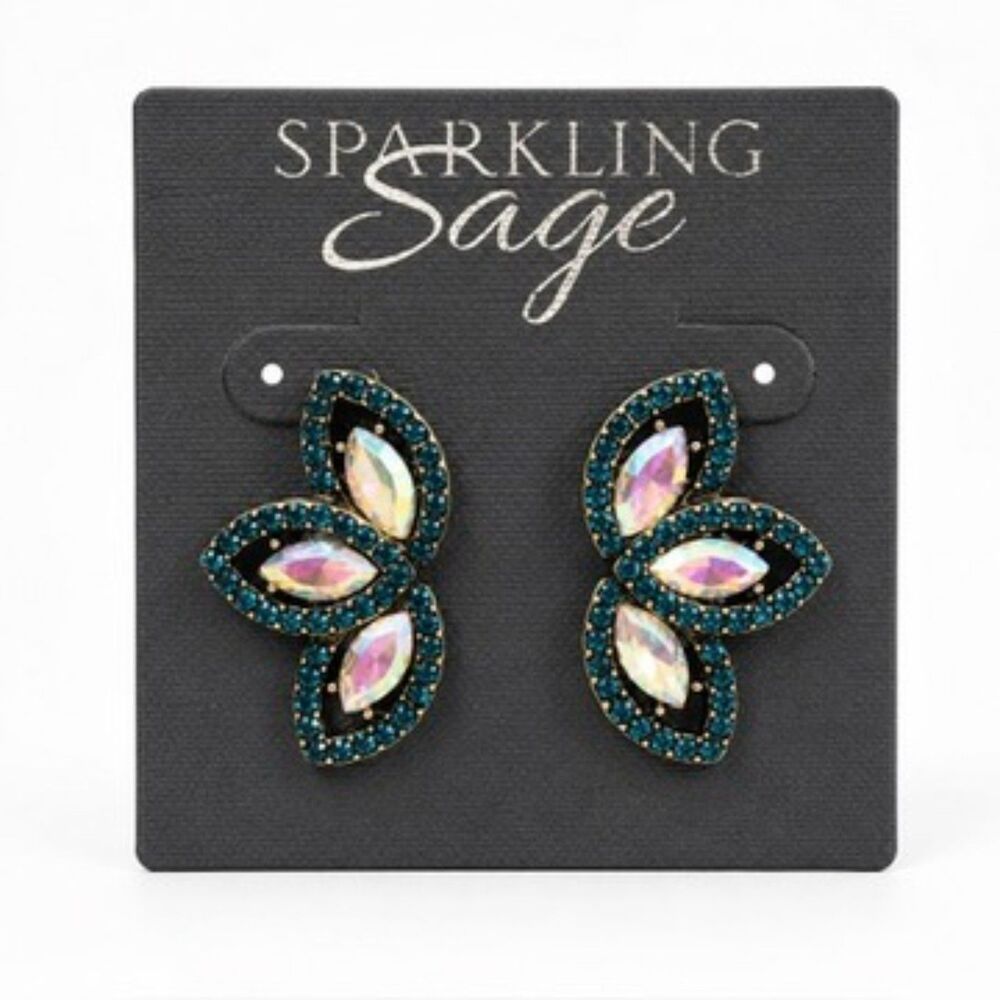 Sparkling Sage Blue AB Crystal Statement Earrings Marquise Rhinestone Glam